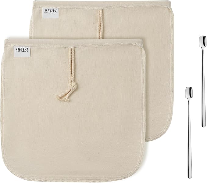 Reusable Cold Brew Bags & Cold Brew Coffee Bags Reusable | 12.8 * 12.8 Inch Large 100% Natural Organic Cotton Cold Brew Filter Bags 2-Pack + 2 Bonus 304 Silver Spoons