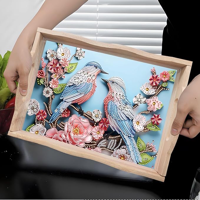 BAYUNOE 2Pcs DIY Diamond Serving Tray Rectangular Breakfast Tray with Handle Handmade Diamond Art Painting Wooden Tray Spring Creative Dinner Plate Coffee Room Living Home Organizer-04