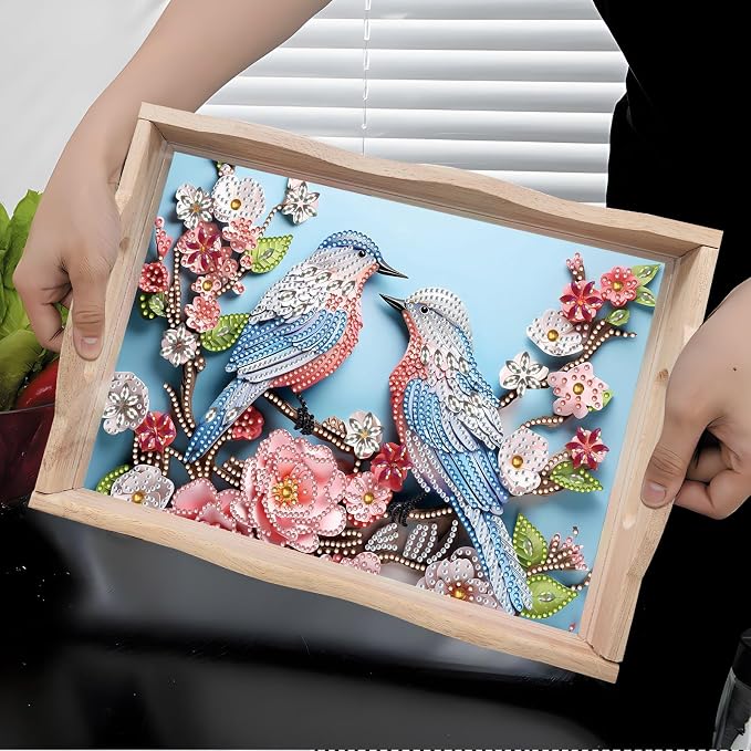 BAYUNOE DIY Diamond Serving Tray Rectangular Breakfast Tray with Handle Handmade Diamond Art Painting Wooden Tray Spring Creative Dinner Plate Coffee Room Living Home Organizer-Bird Flower