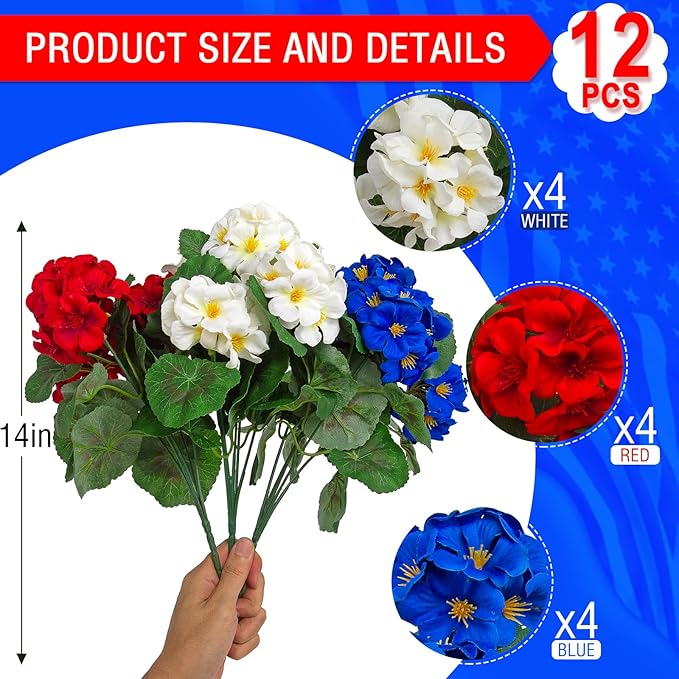 Hananona 12 Pcs Artificial Geranium Flowers for Outdoors Geranium Silk Red White Blue Flowers Outdoor UV Resistant Plants Faux Patriotic Flowers for 4th of July Home Decor (12, RedWhiteBlue)