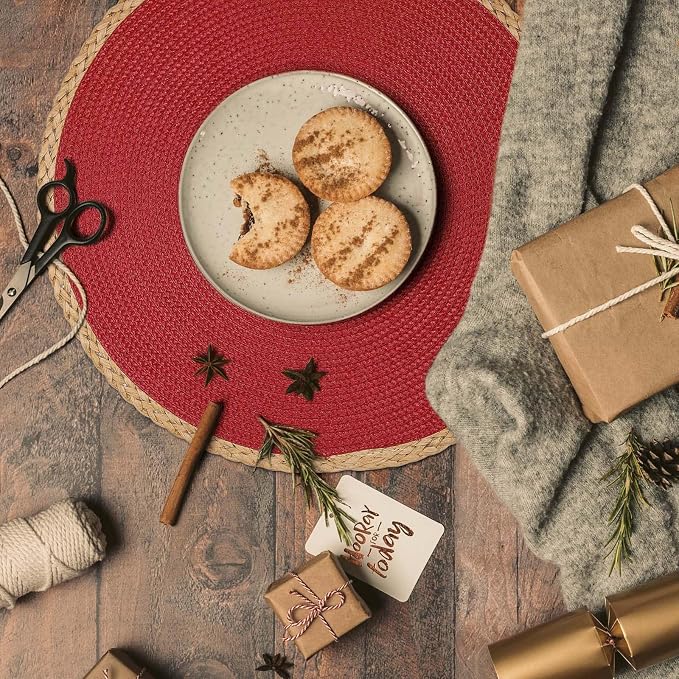 Noctiflorous Braided Round Placemats Set of 6, 15 Inch Woven Table Mats, Non-Slip Washable Thin Edge Place Mats for Kitchen Dining Table Decor (Red, 6)