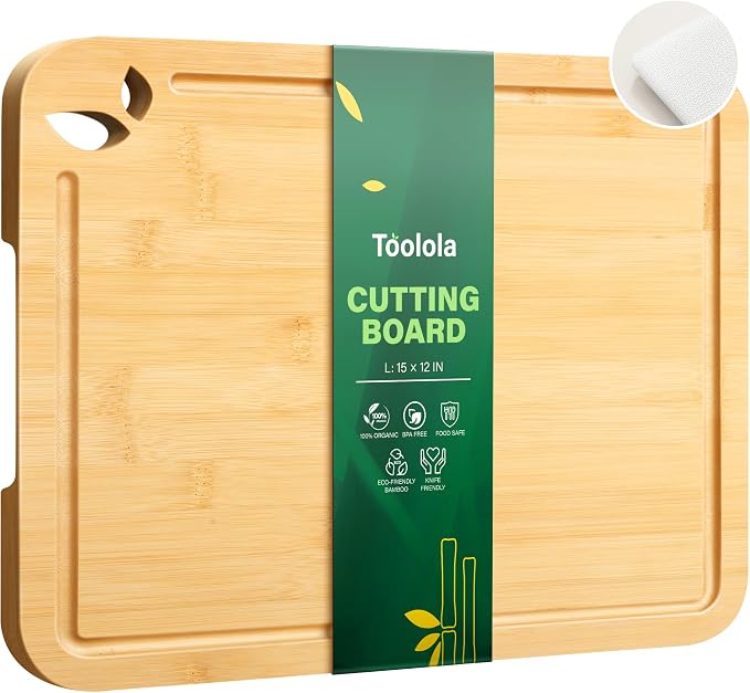 15 x 12 inch Bamboo Cutting Boards for Kitchen with Silicone Mat, Lightweight & Knife-Friendly Wood Cutting Board Set with Side Handles and Juice Grooves, Natural