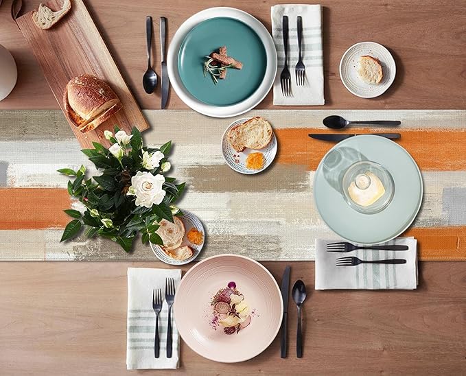 Emvency Farmhouse Table Runner, Modern Orange and White Abstract Art Painting for Kitchen Coffee Table Family Dinners Holiday Parties Wedding Events Decor(13x72 inch)