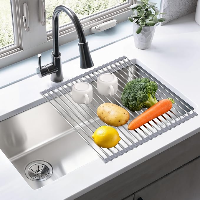 Roll Up Dish Drying Rack, 17.5" x 15.7", Sink Drying Rack for Kitchen, Gray