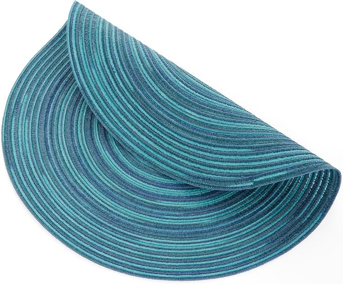 SHACOS 15 inch Round Placemats Set of 8 Variegated Multicolor Place Mats Cotton Polyester Braided Non Slip Washable Heat Resistant Table Mats for Home Wedding Dinner Party Table Decor, Rainbow Teal