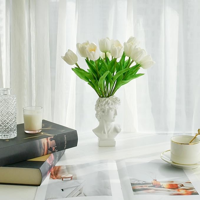 Mandy's White Partially Open Artificial Tulips Flowers Centerpiece, 13.5" Lifelike PU Fake Floral Stems 12pcs for Kitchen Island & Dining Table, Spring Decor for Easter