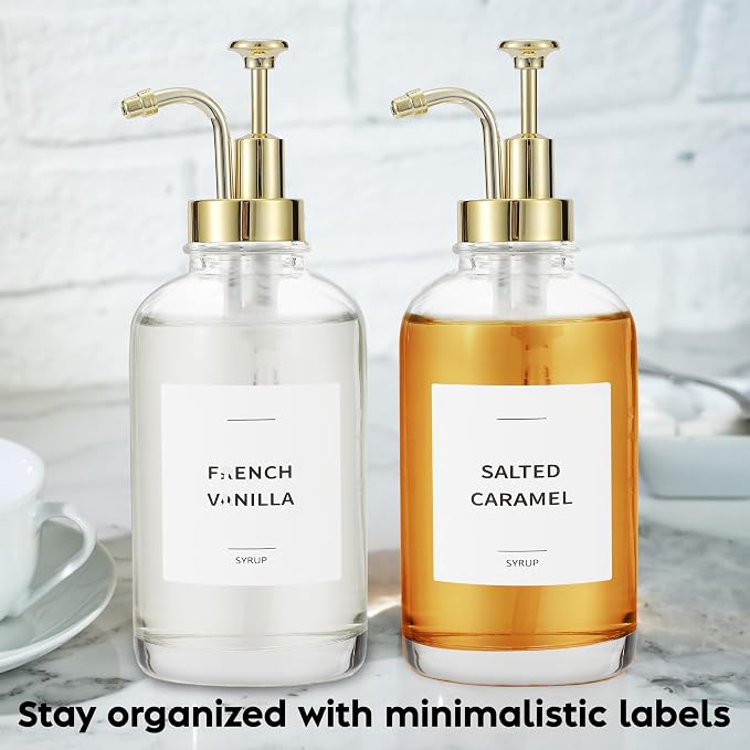 Spaceneat Coffee Syrup Dispenser with Pump - Includes 24 Flavor Labels - Glass Syrup Dispenser for Coffee Bar - Elevate your Beverage Station with 16.9 fl oz Flavoring Container Bottles, 2pcs, Gold | with Pump