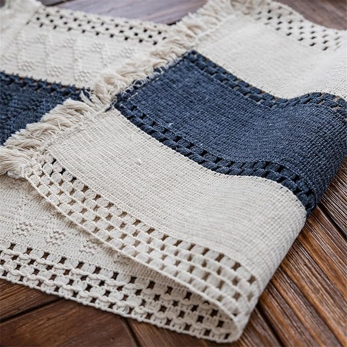 Macrame Table Runner Cream Beige and Blue Boho Table Runners with Tassels Hand Woven Cotton Table Runner Rustic Farmhouse Table Runners for Bohemian Kitchen Dining Table(12x60in)