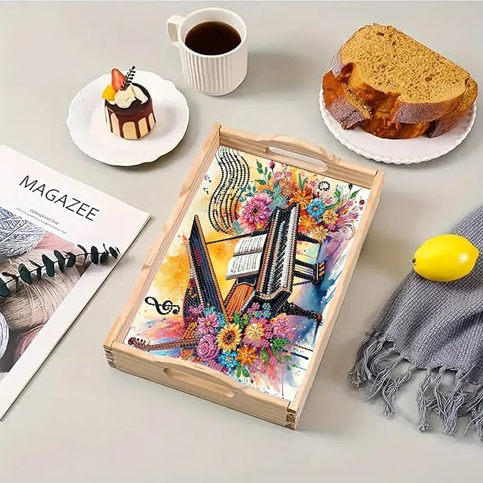 BAYUNOE DIY Diamond Serving Tray Rectangular Breakfast Tray with Handle Handmade Diamond Art Painting Wooden Tray Spring Creative Dinner Plate Coffee Room Living Home Organizer-Piano