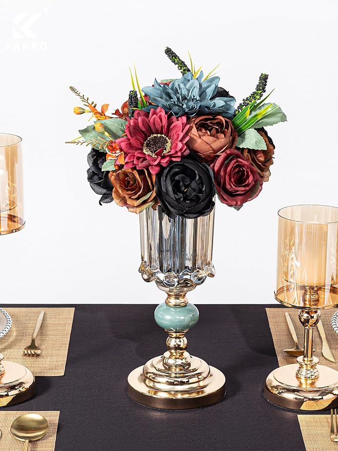 FANKO Artificial Flowers for DIY, Black Burgundy Brown Faux Flowers Bouquet, Fake Rose Dahlia Lily Silk Flowers for Vase, Home Decor, Rustic Wedding, Gothic Events, Party, Themed Birthday