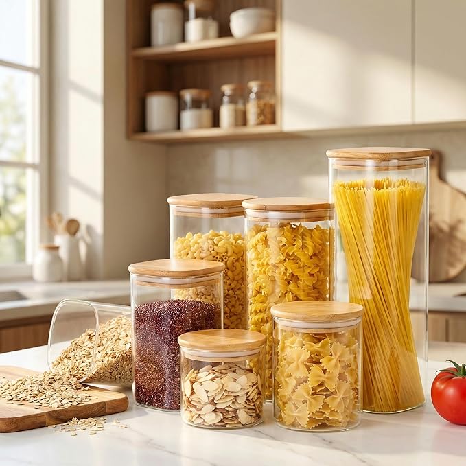 HomArtist Square Glass Jars with Bamboo Lids [Muti Size Set of 5], Glass Canisters with Airtight Lids, Glass Food Storage Containers for Pasta, Cereal, Flour, Sugar, Best for Kitchen & Pantry