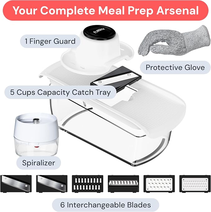 Fullstar Mandoline Slicer for Kitchen, Fruit Cutter, Cheese Grater, Cucumber Slicer, Julienne Peeler, Food Cutter & Kitchen Gadgets & Gifts with Safety Glove (9 in 1, White)