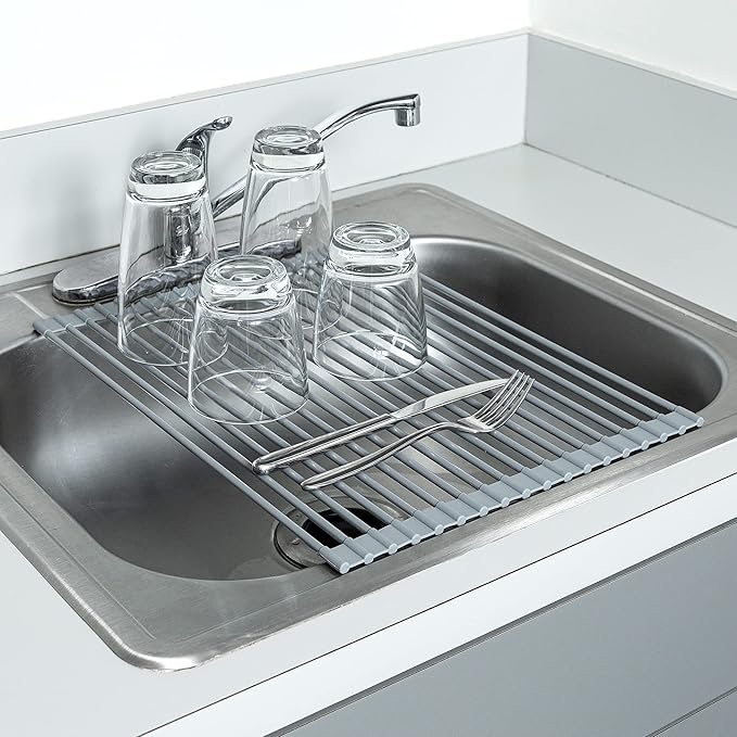 Goodful Roll Away Multipurpose Dish Drying Rack, Cooling Mat, Trivet, Easy Storage, Dishwasher Safe, Medium, Gray