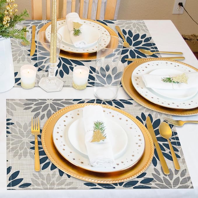 Niviy Dahlia Aqua Floral Pinnata Flower Placemats Set of 4, 12x18 Inch Washable Easy to Clean Heat-Resistant Anti-Skid Grey Placemats for Holiday Party Kitchen