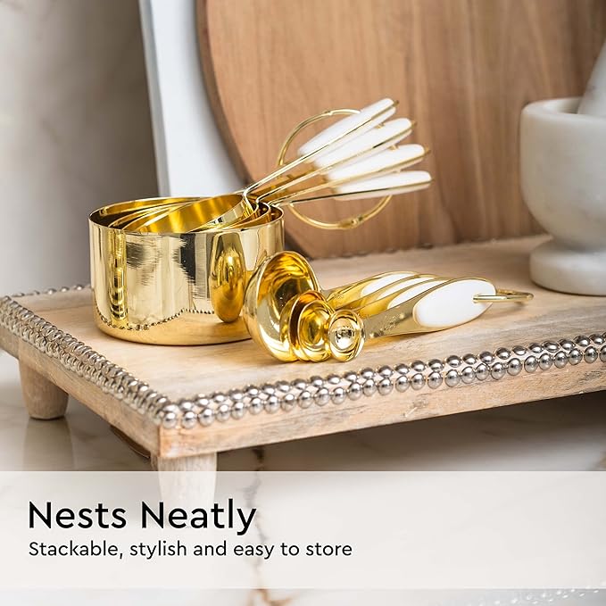 White and Gold Measuring Cups and Spoons Set – 8-Piece Stackable Stainless Steel Measuring Set – Stylish Gold Kitchen Accessories for Precise Baking and Cooking, Ideal Gift for Bakers and Chefs