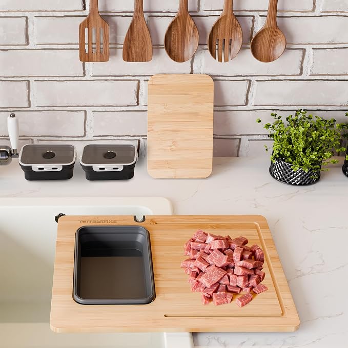 Bamboo Cutting Board Set with Knife Sharpener – Thick Wood Boards with Juice Groove, Silicone Container & Handles Non-Toxic Over Sink Design Ideal Kitchen Gifts