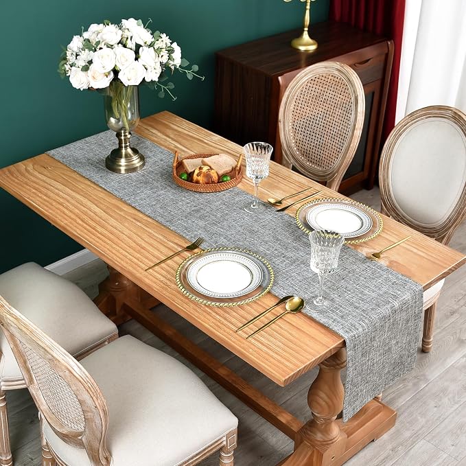 Farmhouse Rustic Faux Linen Table Runner Neutral Grey Table Runners Double Layer Reversible Rectangle Runners for Daily Use Kitchen Dining Banquet Holiday 13x72 Inch