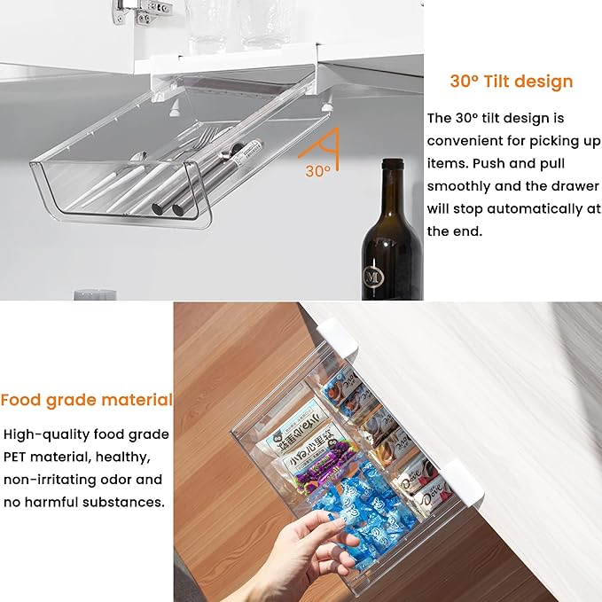 vacane Under Shelf Storage Drawer, Under Cabinet Spice Rack, Spice Organizer for Drawer Pull Out, Under Cabinet Basket Hanging Holder for Cupboard Pantry