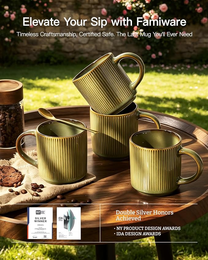 famiware Coffee Mug Set for 6, Star 12 oz Catering Mugs Cup Set with Handle for Coffee, Tea, Cocoa, Milk - Ceramic Stoneware Drinkware Set, Moss