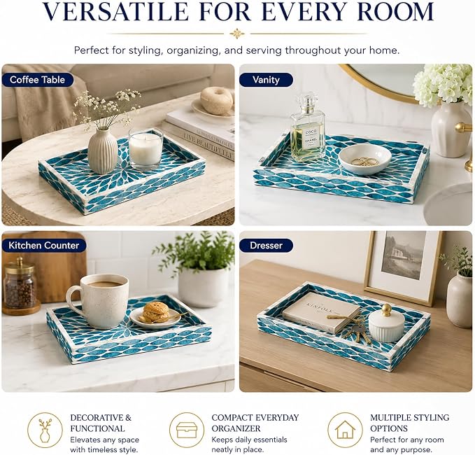 Mother of Pearl Inlay Wooden Tray – Handmade Decorative Rectangle Serving Tray for Coffee Table, Kitchen, Bathroom, Vanity or Living Room Decor,White and Green Leaves