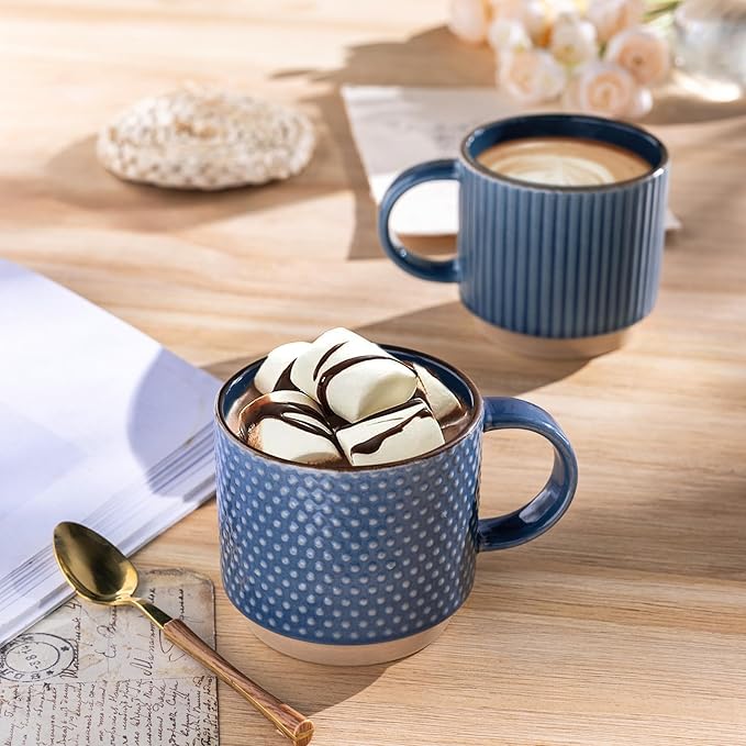 GBhome 12 OZ Stackable Coffee Mugs Set of 6, Ceramic Coffee Mugs with Texture Patterns for Man,Woman,Dad,Mom, Modern Coffee Cups for Latte/Cappuccino/Cocoa. Dishwasher&Microwave Safe