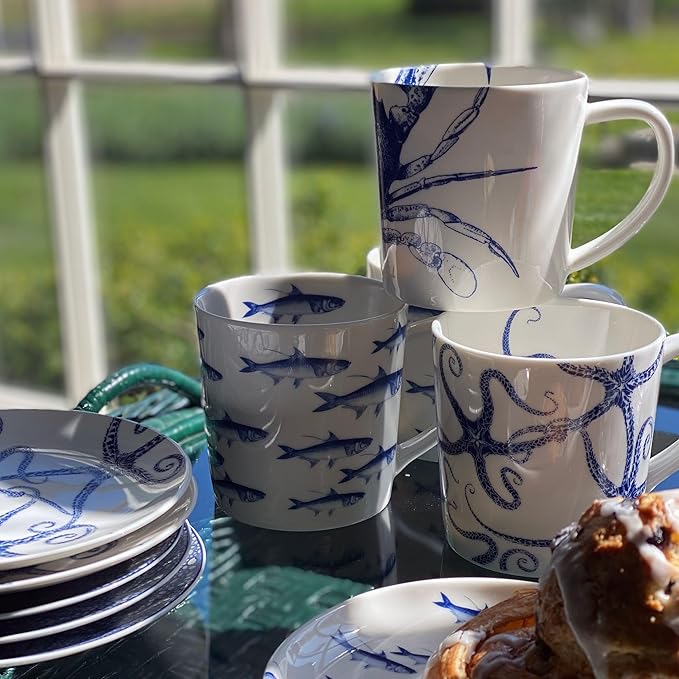 Caskata Starfish Oversized Mugs Set of 4 | High-Design Premium Lead-Free Porcelain Blue Mug Set for Entertaining or Everyday | Unique Party Mugs for Wedding or Birthdays | 14 oz