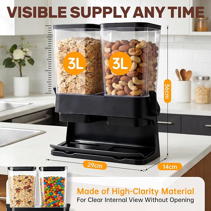 Cereal Dispenser Countertop 2 Pack, Double 3L Airtight Cereal Storage Container for Kitchen Pantry, Large Capacity Clear Dry Food Organizer For Cereal, Nuts, Coffee Beans, Pet Food