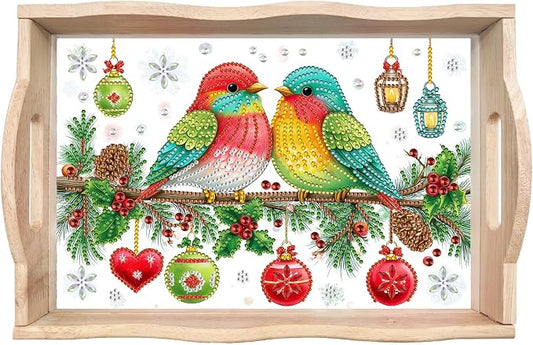 BAYUNOE DIY Diamond Serving Tray Christmas Rectangular Breakfast Tray with Handle Handmade Diamond Art Painting Wooden Tray for Dinner Plate Coffee Room Living Home Organizer-Colorful Bird