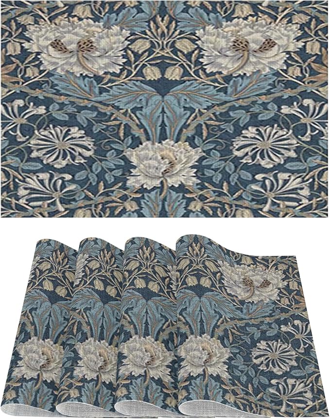 Vintage Moody Floral Placemats Set of 4 William Morris Washable Heat Resistant Place Mats for Dining Table Boho Rustic Botanical Linen Woven Wipeable Table Mats Kitchen Decor 11.8"X17.7"