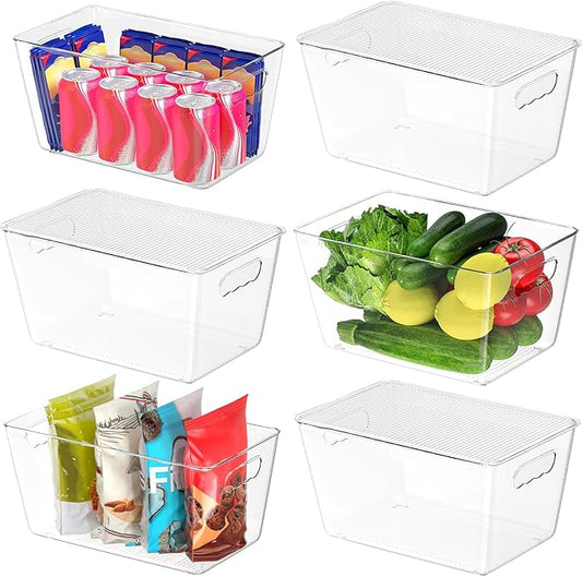 BALEINE Clear Stackable Storage Bins with Lids, Plastic Containers with Handle for Pantry Organizers and Storage, Plastic Bins for Fridge, Kitchen, Bathroom, Cabinet (13x7.4x7, 6PK)