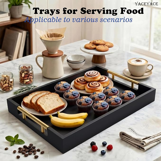 Wood Serving Tray with Metal Handles, 15.75" x 11.8" x 1.7" Black Serving Tray for Home Decorative, Rectangle Wooden Trays for Ottoman, Cafe