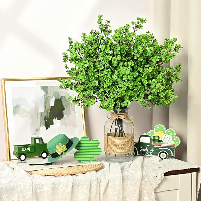 Waipfaru 15 Pcs Fake Flowers Babys Breath Silk, Real Touch Green Artificial Flowers Bulk with Bendable Stems, Green Faux Flowers Babys Breath for Spring Summer St. Patrick‘s Day Party Table Decor