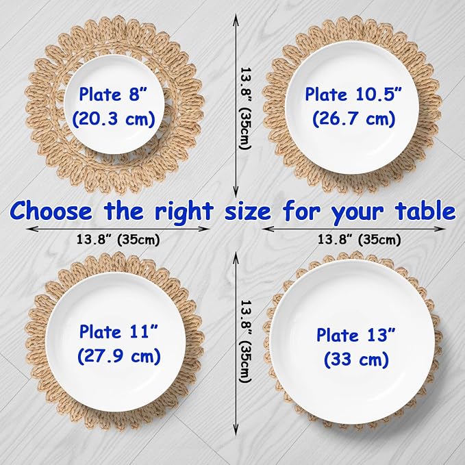 13.8" Set 4 Round Corn Husk Placemats | Boho Woven Rattan Table Mats | Natural Spring Farmhouse Plate Chargers | Handmade Rustic Wicker Place Mats for Christmas Wedding