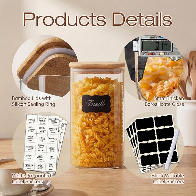Multi Size - 5 Pack Square Glass Jars with Bamboo Lids, Glass Food Storage Containers with Airtight Lids for Kitchen, Air Tight Pantry Storage Containers for Cereal, Pasta, Rice, Sugar, Coffee, Spice