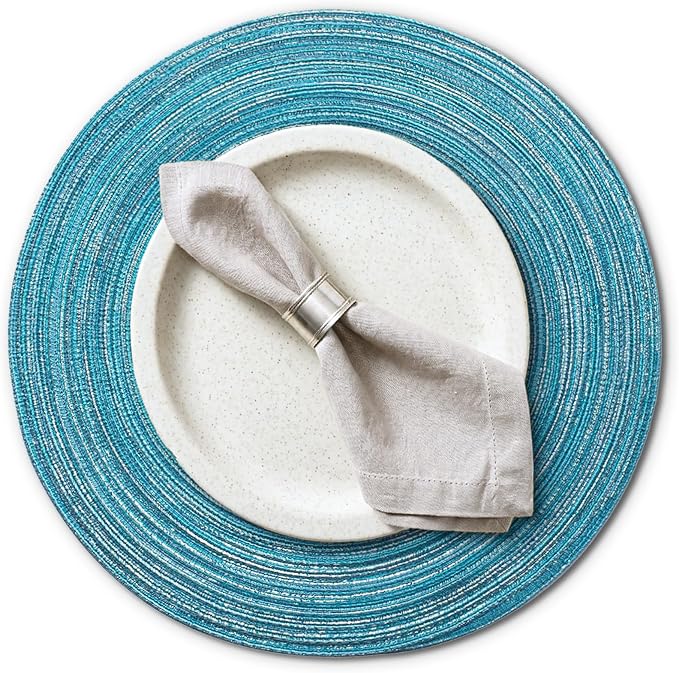 AHHFSMEI Round Braided Placemats Set of 6 Woven Table Mats for Dining Table Heat Resistant Easy to Clean Perfect for Kitchen & Home Decor (Silver Blue)