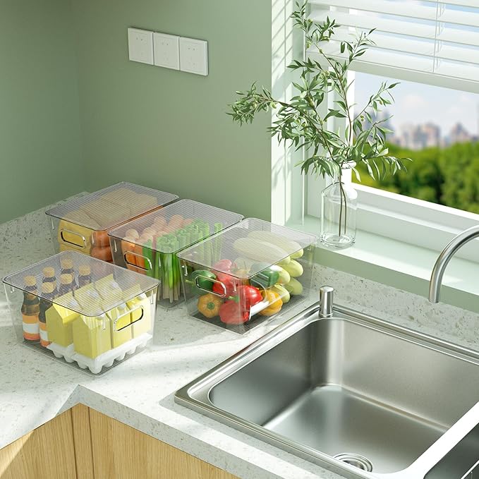 BALEINE Clear Stackable Storage Bins with Lids, Plastic Containers with Handle for Pantry Organizers and Storage, Plastic Bins for Fridge, Kitchen, Bathroom, Cabinet (13x7.4x7, 6PK)