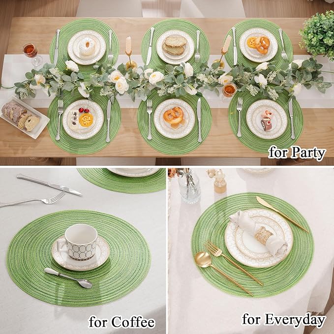 SHACOS Round Placemats Set of 6 for Dining Tables 15 inch Cotton Braided Placemats Washable Reversible for Kitchen Holiday Party (Mixed Color Pea Green, 6)