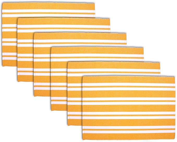 Encasa XO Dining Placemat Set of 6 | Franca Yellow Stripes Color | Fine Ribbed Cotton Table mat | Size 18x13 in | Machine Washable