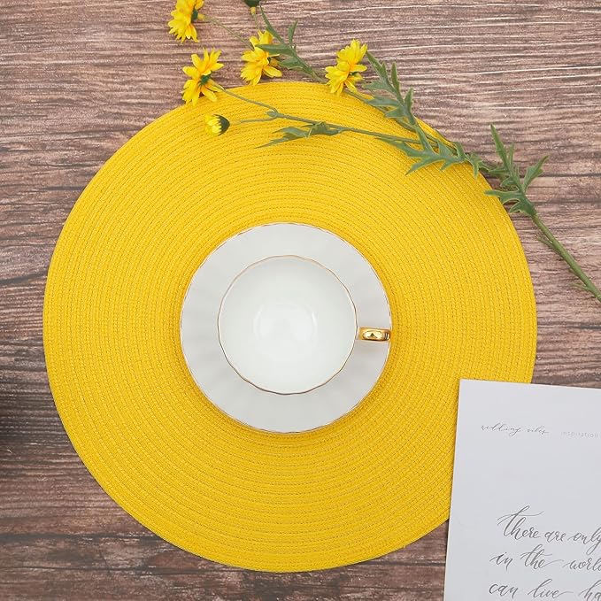 Topotdor 14 Inch Round Placemats Stain Resistant Anti-Skid Washable Polyproplene Table Mats Placemats (Yellow, Set of 6)