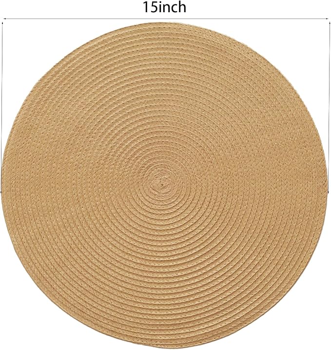 Winknowl Round Braided Placemats Set of 6 Washable Woven Heat Resistant Table Mats for Kitchen Dining Tables 15 inch Round Place Mats (Camel,6pcs)