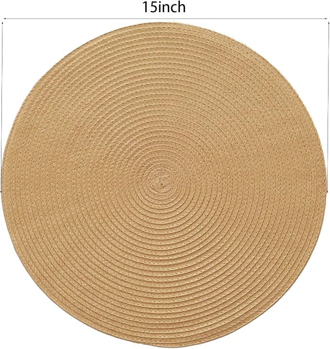 Winknowl Round Braided Placemats Set of 8 Washable Woven Heat Resistant Table Mats for Kitchen Dining Tables 15 inch Round Place Mats (Camel,8pcs)
