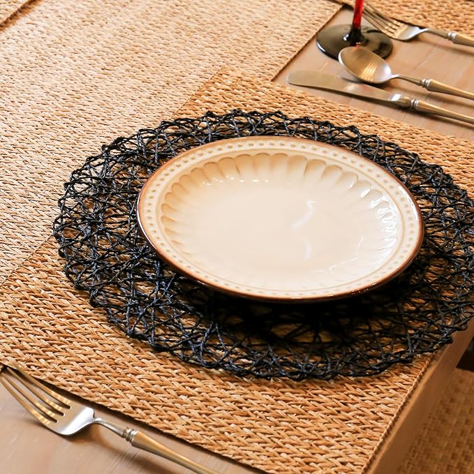 AHHFSMEI Paper Braided Round Placemats Set of 6 Natural Non-Slip Heat Resistant Table Mats for Dining Tables Woven Indoor & Outdoor Place mats(Black)
