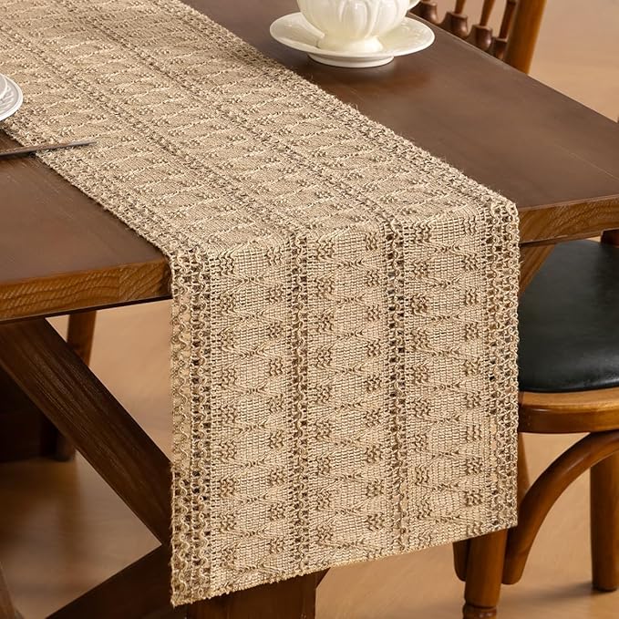 Burlap Brown Boho Woven Cotton Linen Table Runner 11"x36" with Tassels Rustic Macrame Farmhouse Table Runner for Summer Dining Room Wedding Kitchen Party