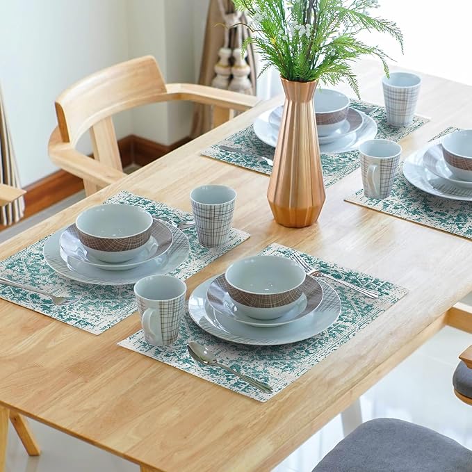 Gray Teal Boho Placemats Set of 4 Ethnic Bohemian Carpet Place Mats Washable Kitchen Dining Vintage Grey Geography Floral Linen Table Mats Stain Heat-Resistant Cloth Tabel for Home Party 12x18 in