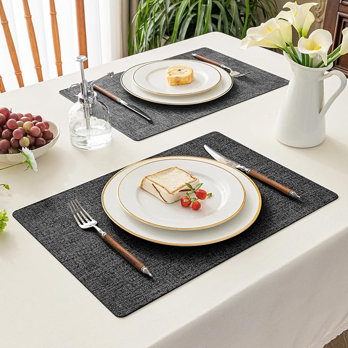 Romanstile Vinyl Placemats Set of 4, Reversible Faux Leather Heat Resistant Wipeable Table Mats, Waterproof Washable Non-Slip Table Placemats for Dining/Kitchen/Party/Outdoor (Grey Black, 12" x 17")