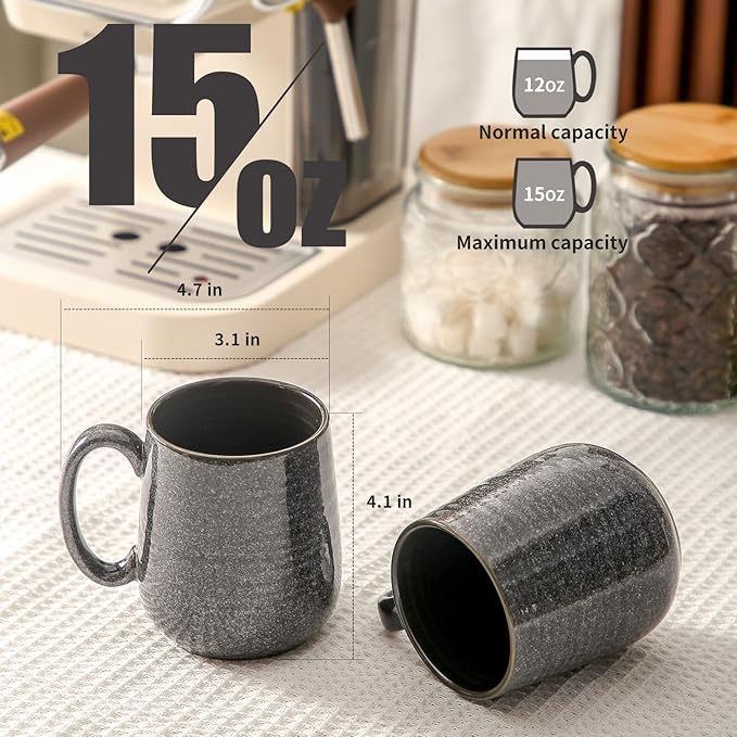 HASENSE 15oz Coffee Mugs Set of 4, Ceramic Coffee Mugs with Handle, Large Coffee Cups for Coffee, Tea, Latte & Cappuccino,Coffee Mugs for Men and Women Microwave & Dishwasher Safe,Gray