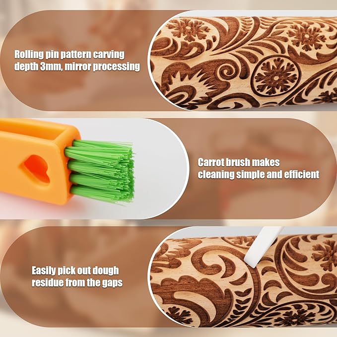 17" Premium Wooden Rolling Pins for Baking with European Embossed Designs | 3mm Deep Springerle Cookie Molds | Christmas Rolling Pin & Baking Gifts for Women | Includes 3-in-1 Cleaning Brush