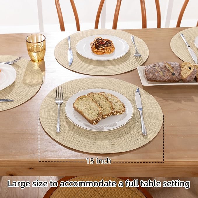 SHACOS 15 inch Round Braided Placemats Set of 4 Cotton Polyester Place Mats Washable Kitchen Dining Table Mats for Dinner Party Table Decor (Light Beige, 4)
