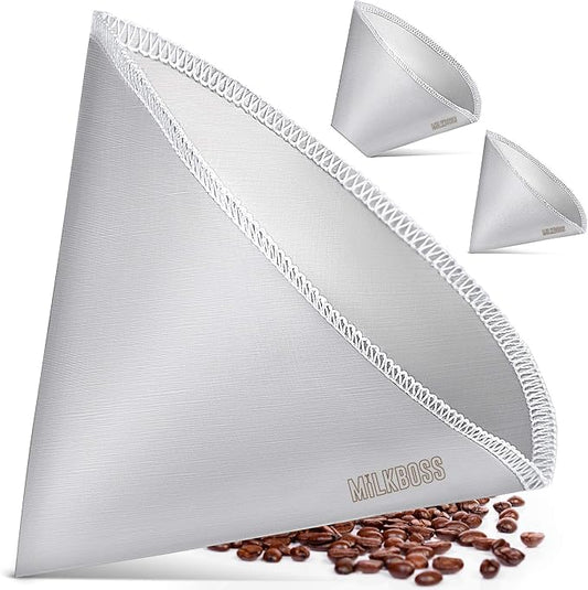Milk Boss Pour Over Coffee Filter - Permanent Paperless Stainless Steel Reusable Coffee Filter - Flexible Fine Mesh Coffee Filter Reusable For Hario, Chemex, Ovalware, and Other Carafes (Filter #1)