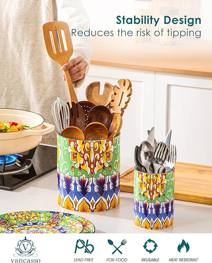 vancasso SIMI Utensil Holder, 7.3"+5.5" Porcelain Kitchen Utensil Holder for Countertop, Bohemian Kitchen Utensil Organizer for Spatulas, Spoons, Ladles, Decorative Counter Utensil Crock, Golden Bloom
